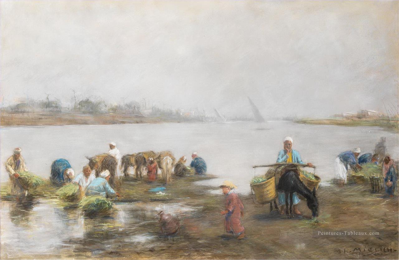 Fellahs au bord du Nil Alphons Leopold Mielich scènes orientalistes Peintures à l'huile